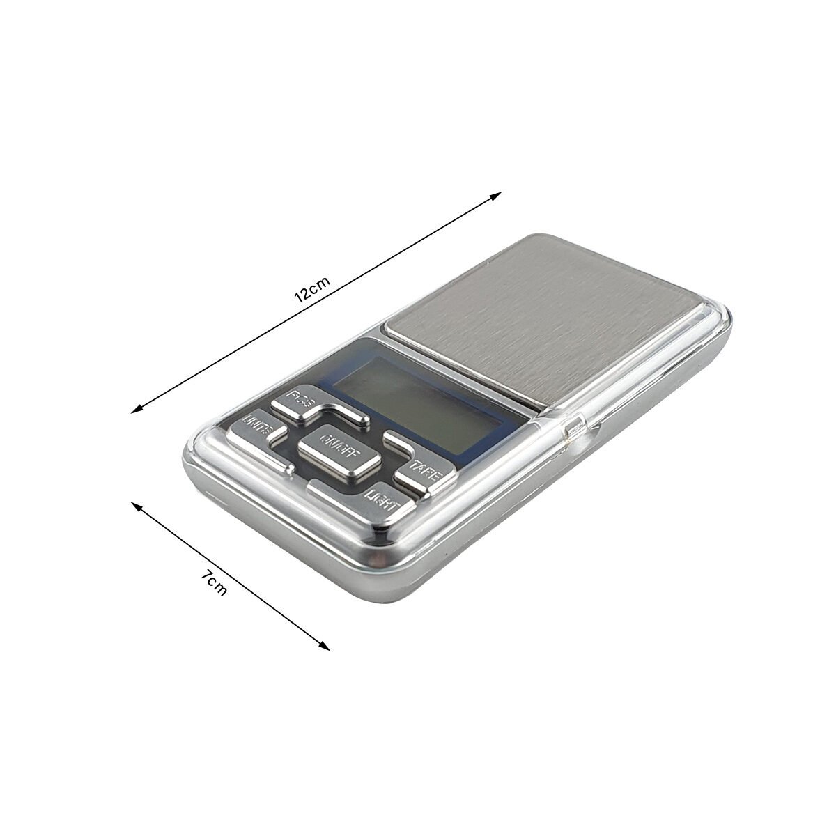 Precision scale of 0.01 g and 200 g maximum in stainless steel and plastic L 12 x l 7 cm with 5 buttons, 1 attached transparent cover and 1 black protective cover