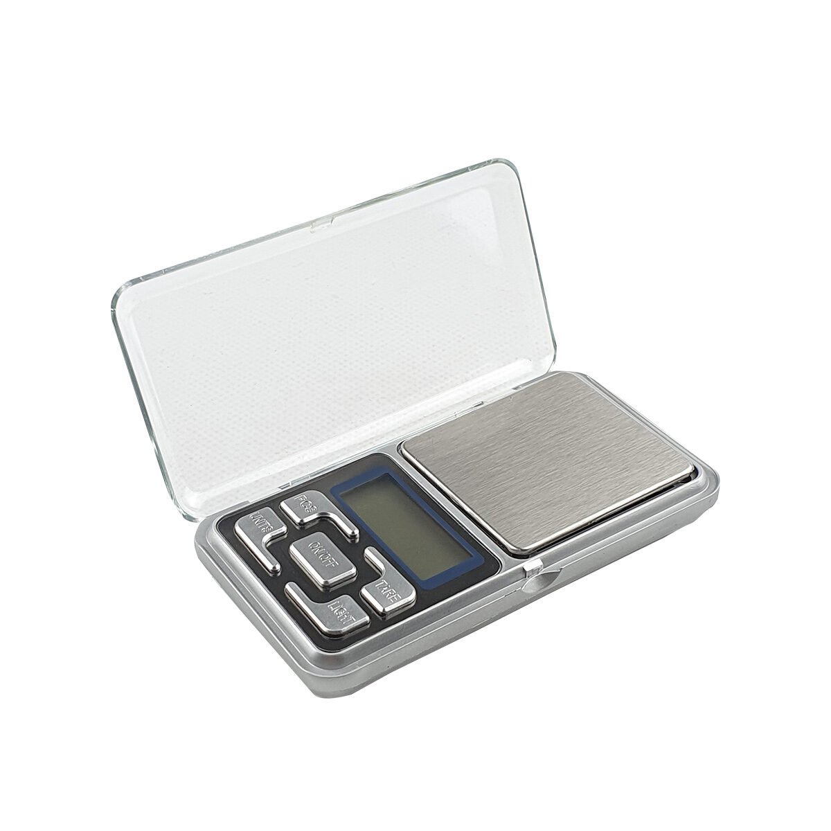 Precision scale of 0.01 g and 200 g maximum in stainless steel and plastic L 12 x l 7 cm with 5 buttons, 1 attached transparent cover and 1 black protective cover