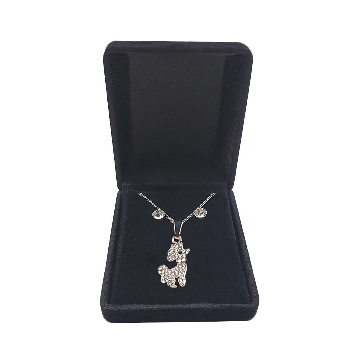 Ensemble de boucles d'oreilles et collier avec pendentif Caniche à strass en métal avec longueur de la chaîne réglable à 47 cm maximum