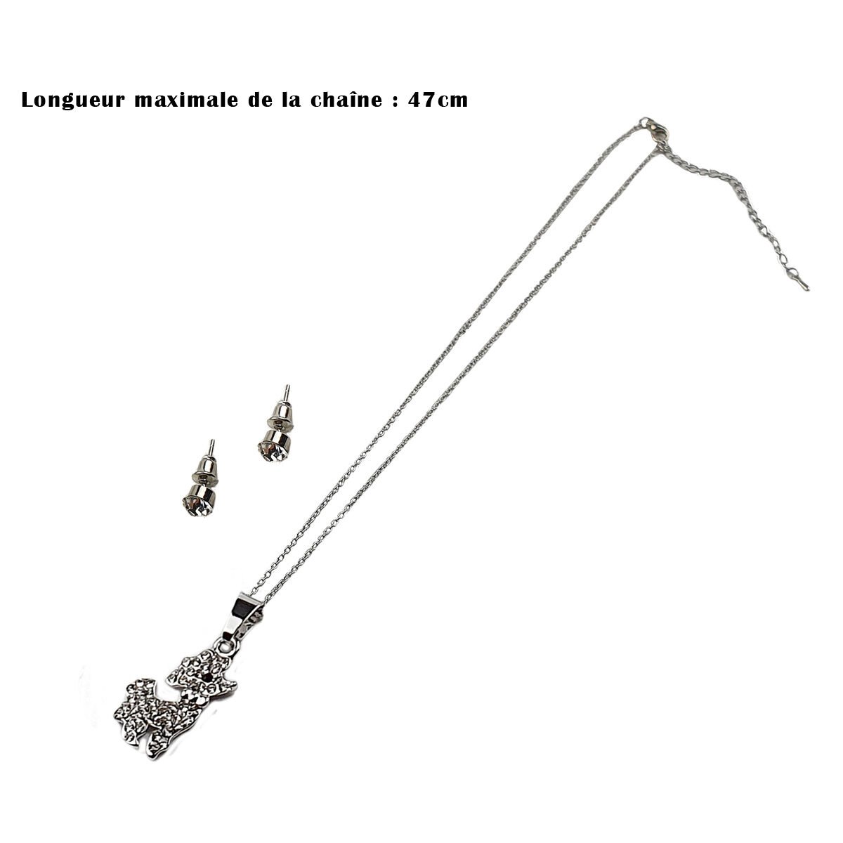 Ensemble de boucles d'oreilles et collier avec pendentif Caniche à strass en métal avec longueur de la chaîne réglable à 47 cm maximum