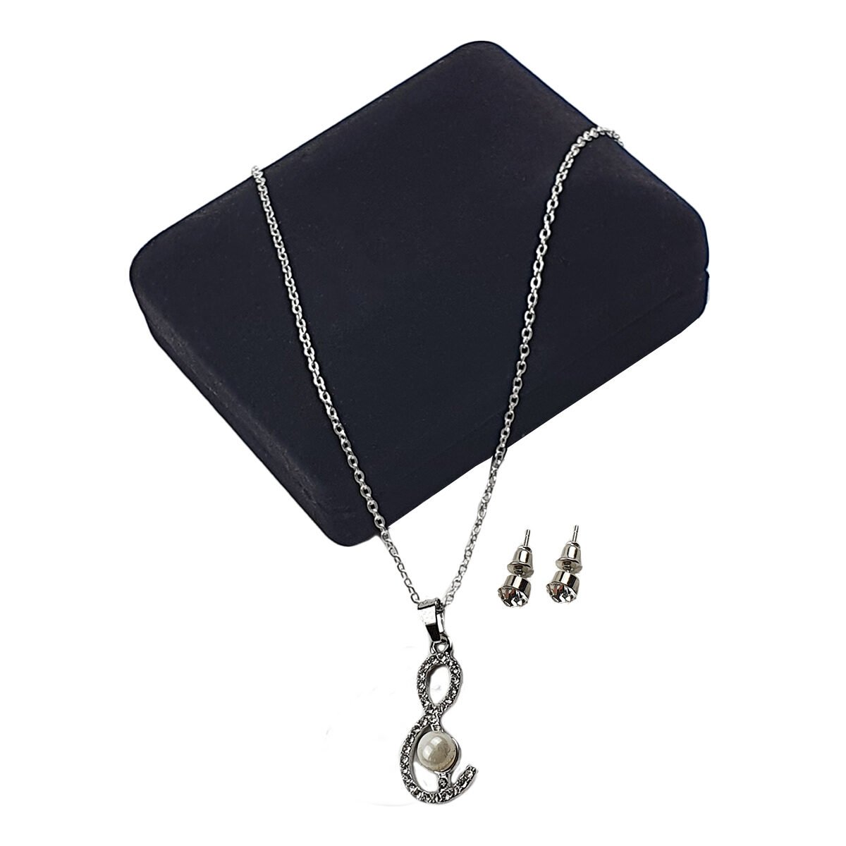 Metal bead and rhinestone ampersand pendant earrings and necklace set with adjustable chain length up to 47cm