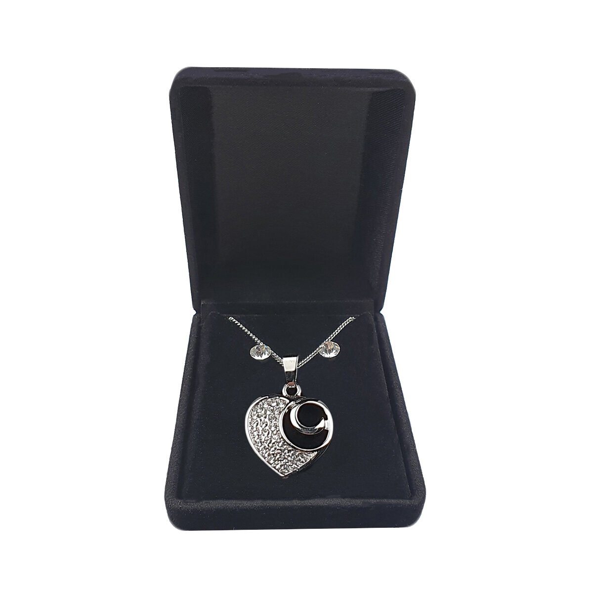 Ensemble de boucles d'oreilles et collier avec pendentif Cœur à strass en métal avec longueur de la chaîne réglable à 47 cm maximum