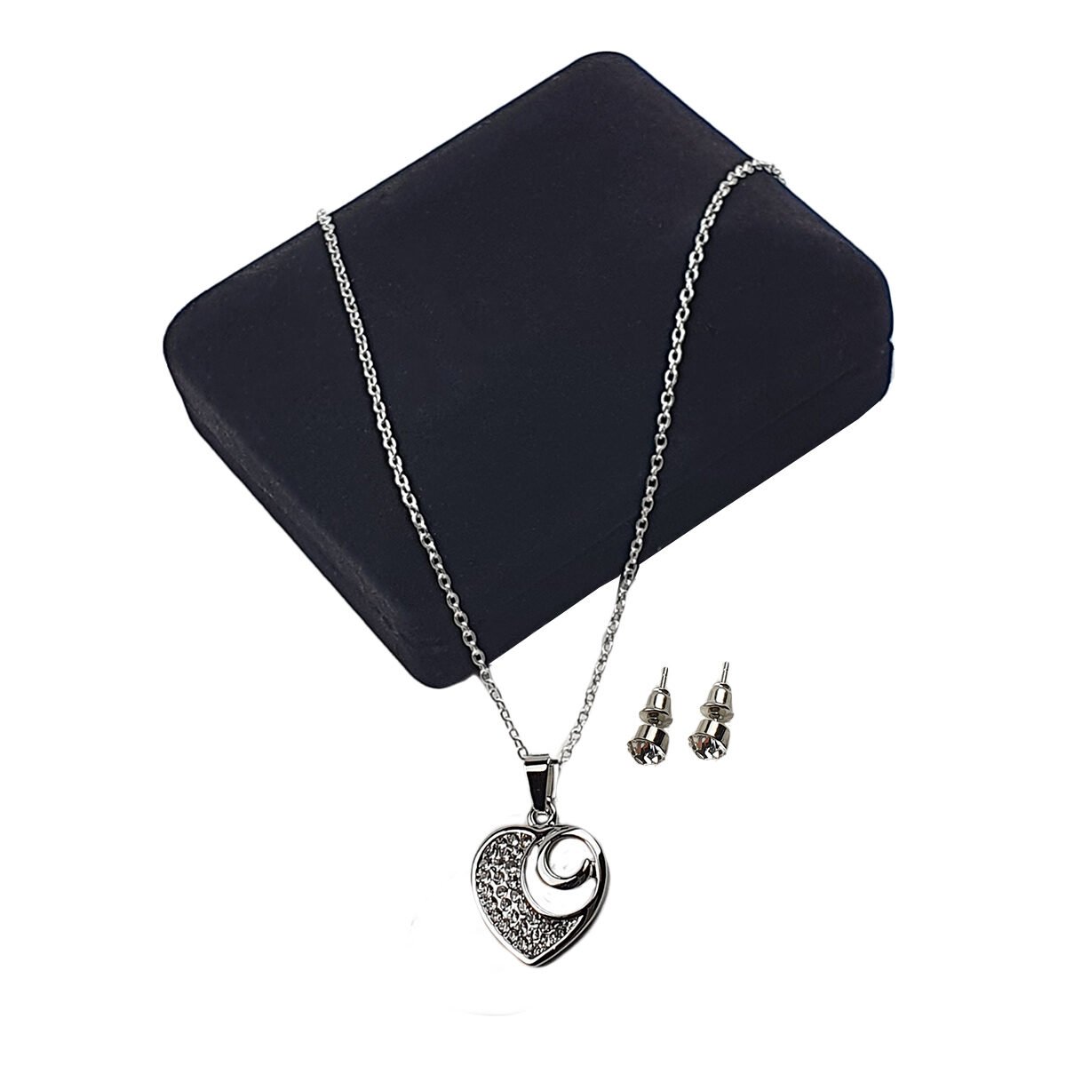 Ensemble de boucles d'oreilles et collier avec pendentif Cœur à strass en métal avec longueur de la chaîne réglable à 47 cm maximum