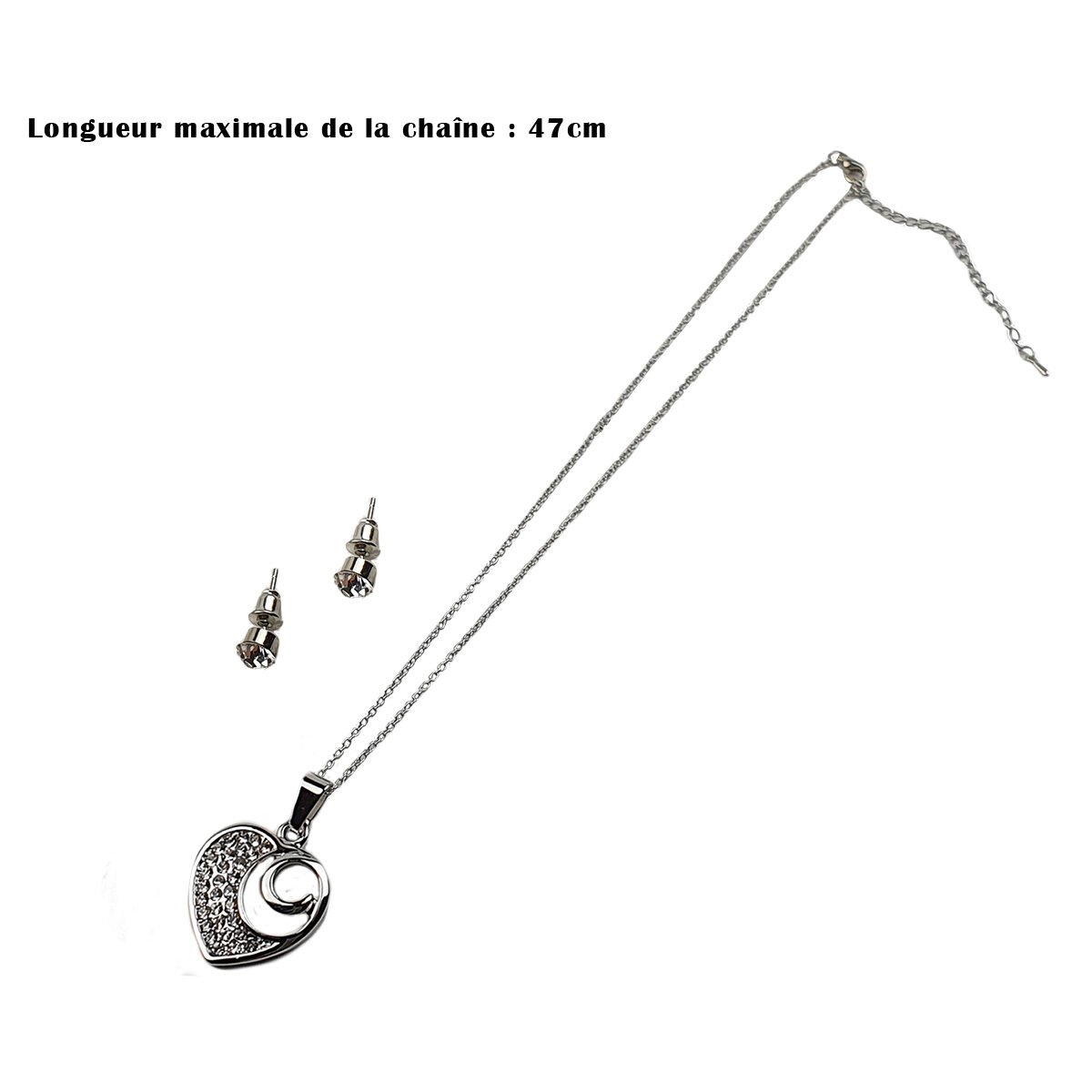 Ensemble de boucles d'oreilles et collier avec pendentif Cœur à strass en métal avec longueur de la chaîne réglable à 47 cm maximum