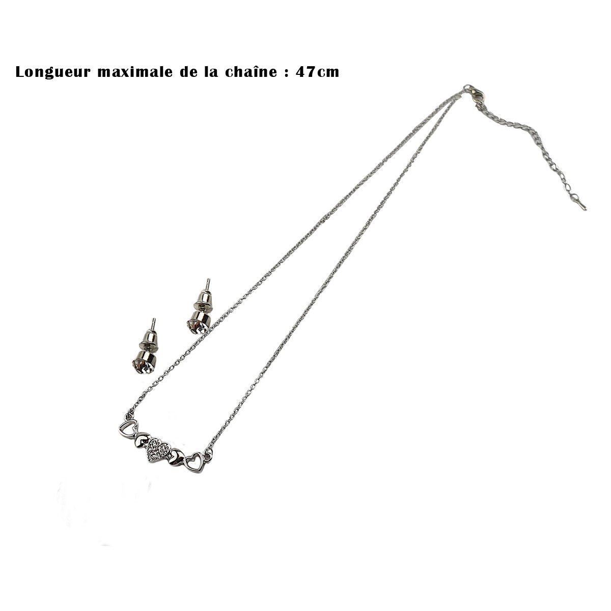 Set of earrings and necklace with pendant 5 Hearts with rhinestones in metal with adjustable chain length to 47 cm maximum