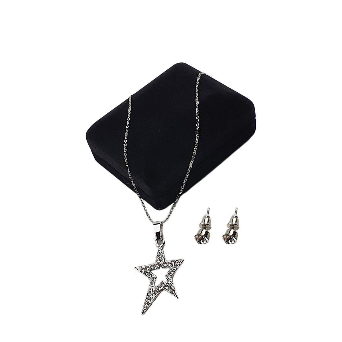 Set of earrings and necklace with metal rhinestone star pendant with chain length adjustable to 47 cm maximum