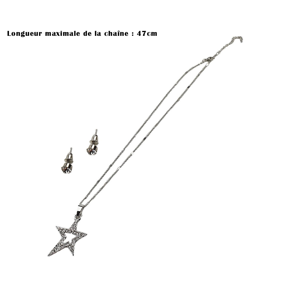 Set of earrings and necklace with metal rhinestone star pendant with chain length adjustable to 47 cm maximum