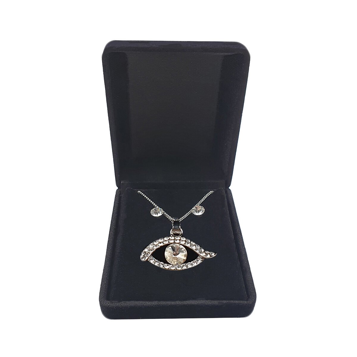 Set of metal rhinestone eye pendant earrings and necklace with adjustable chain length up to 47 cm