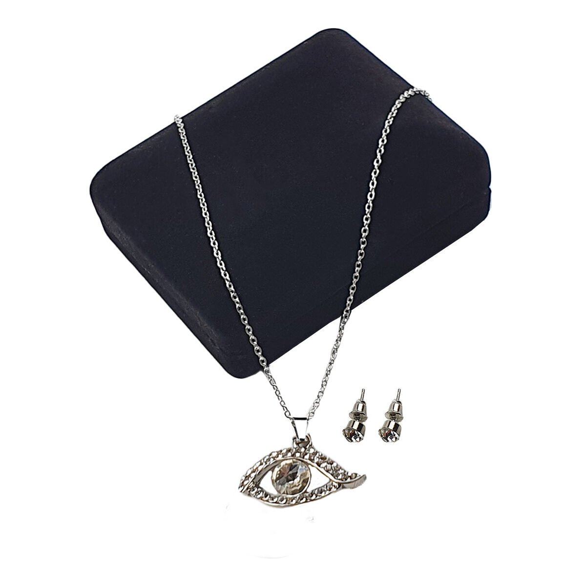 Set of metal rhinestone eye pendant earrings and necklace with adjustable chain length up to 47 cm