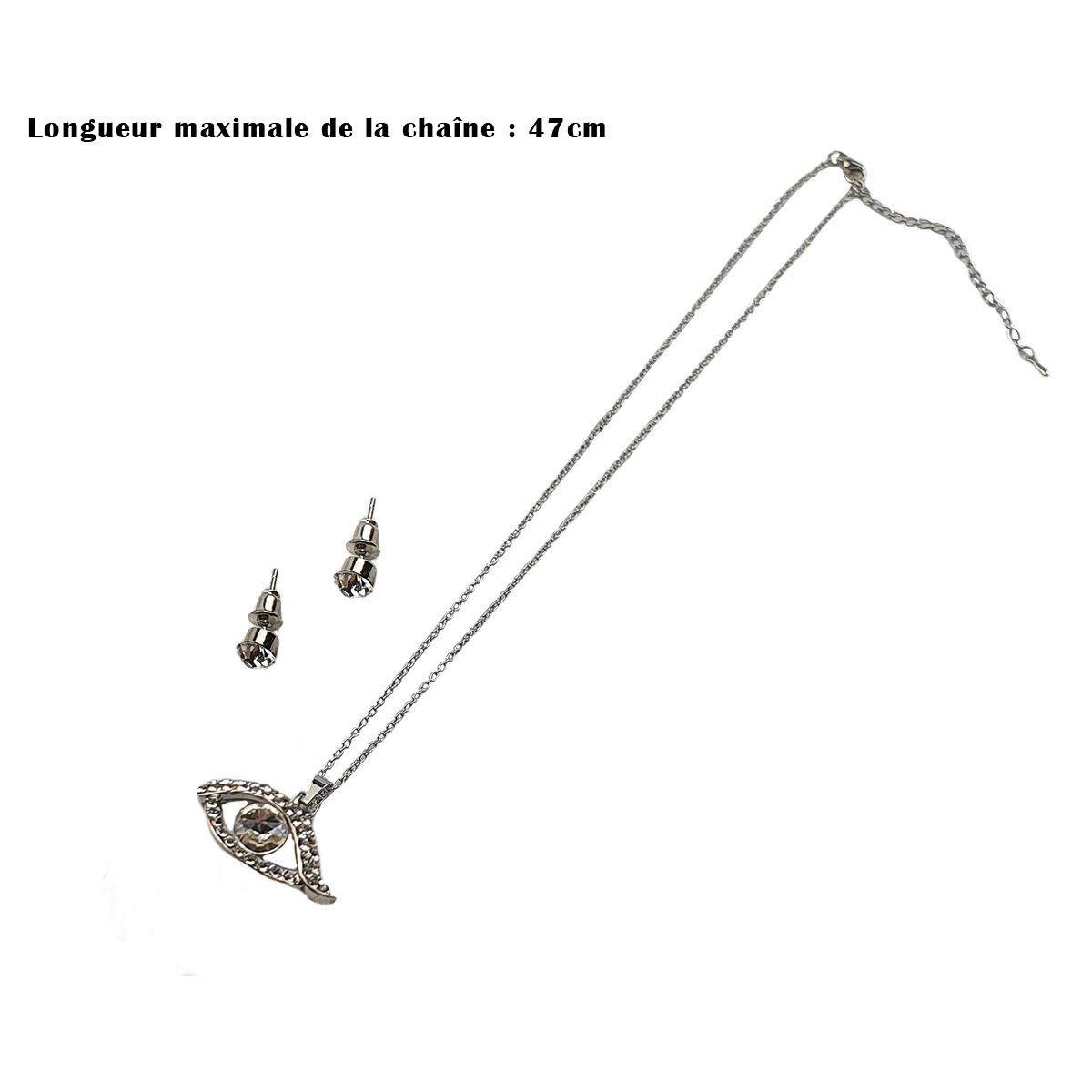 Set of metal rhinestone eye pendant earrings and necklace with adjustable chain length up to 47 cm