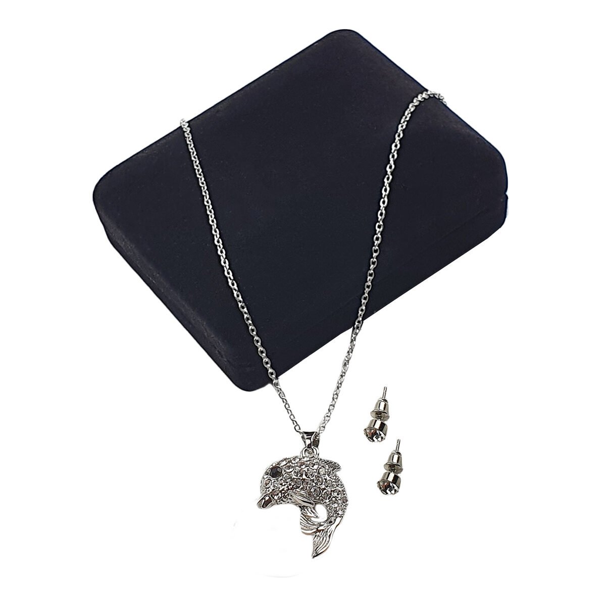 Ensemble de boucles d'oreilles et collier avec pendentif Dauphin à strass en métal avec longueur de la chaîne réglable à 47 cm maximum