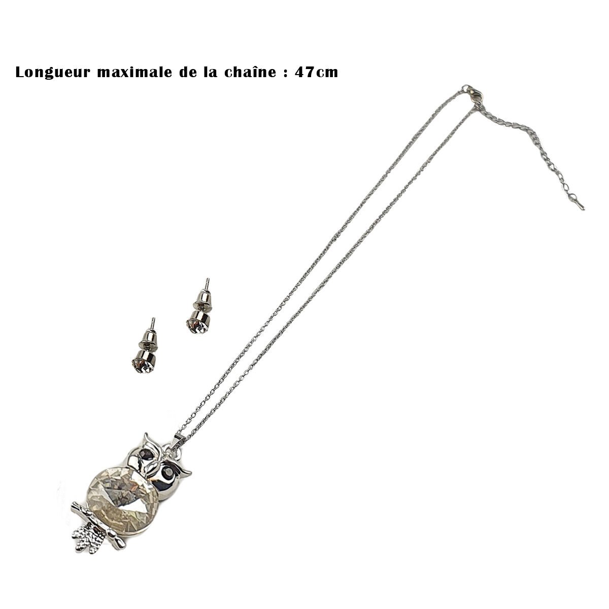 Set of metal rhinestone owl pendant earrings and necklace with adjustable chain length up to 47 cm