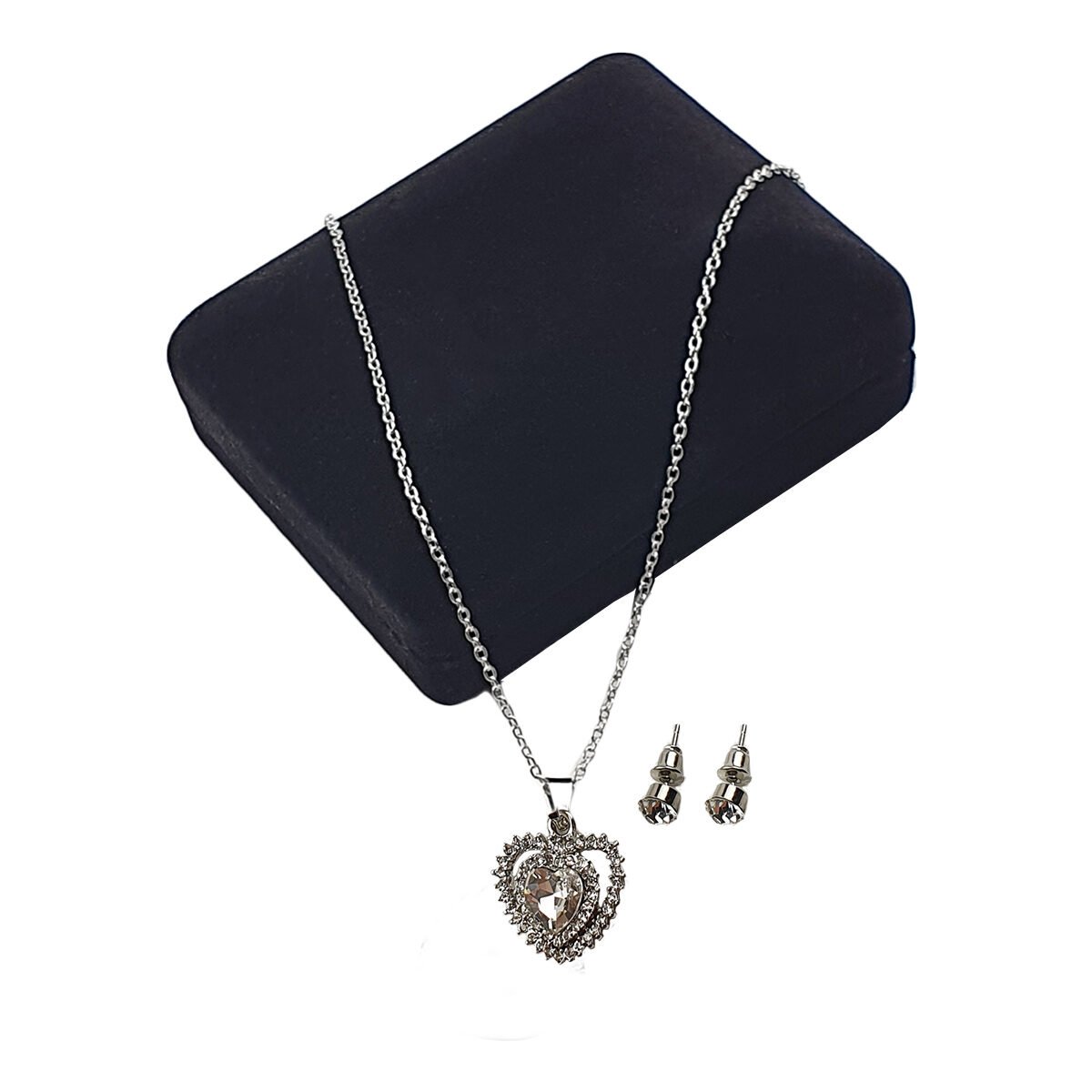Set of earrings and necklace with Hearts pendant with rhinestones in metal with chain length adjustable to 47 cm maximum