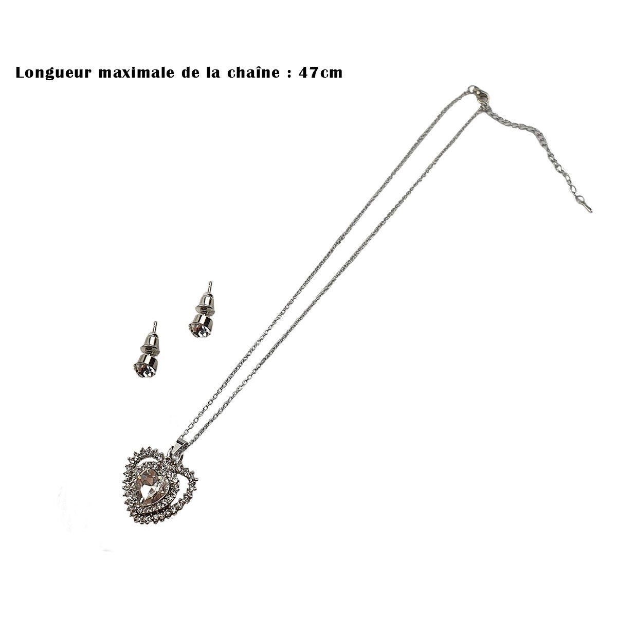 Set of earrings and necklace with Hearts pendant with rhinestones in metal with chain length adjustable to 47 cm maximum