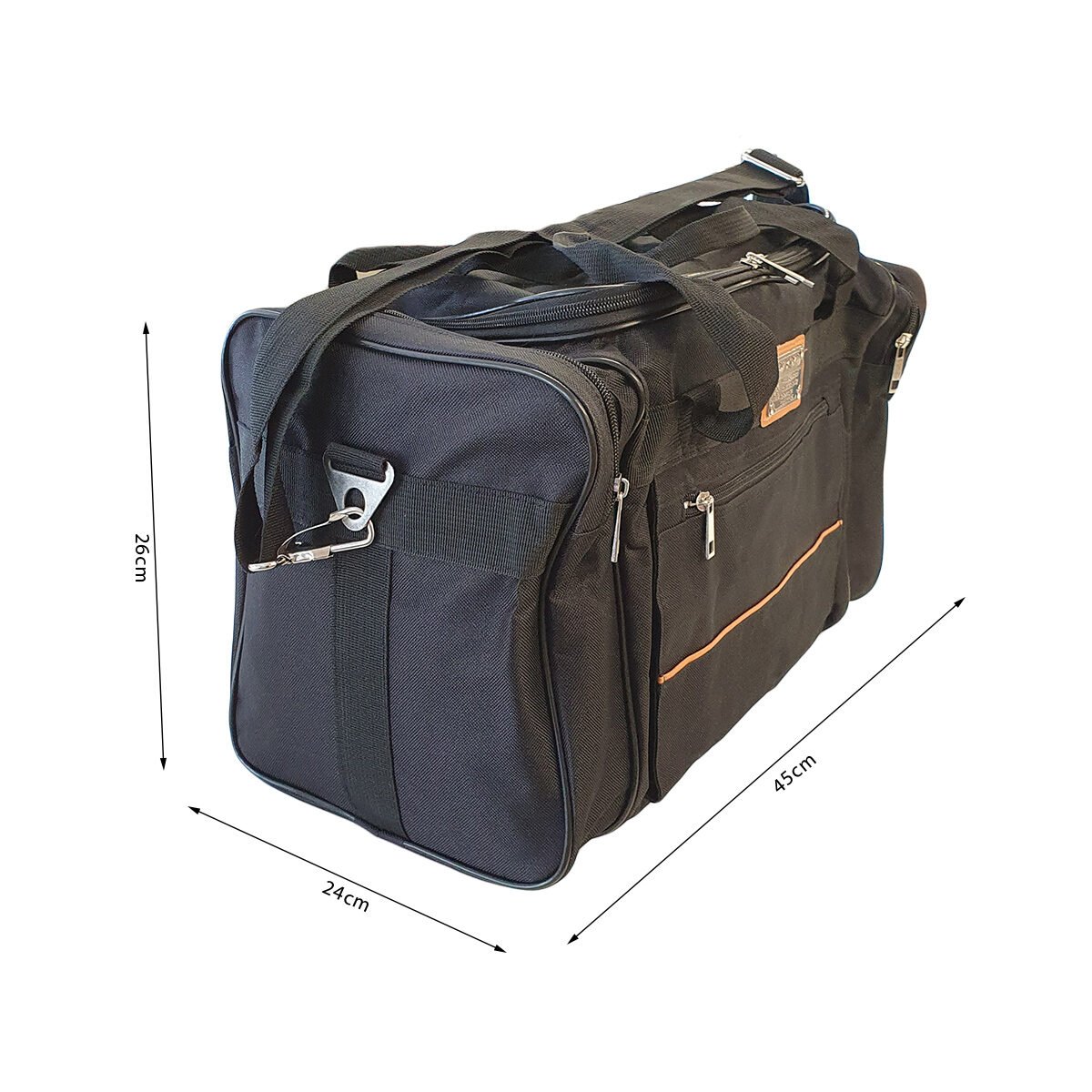 Travel bag in black polyester plastic lined L 45 x W 24 x H 26 cm with optional adjustable shoulder strap included Win