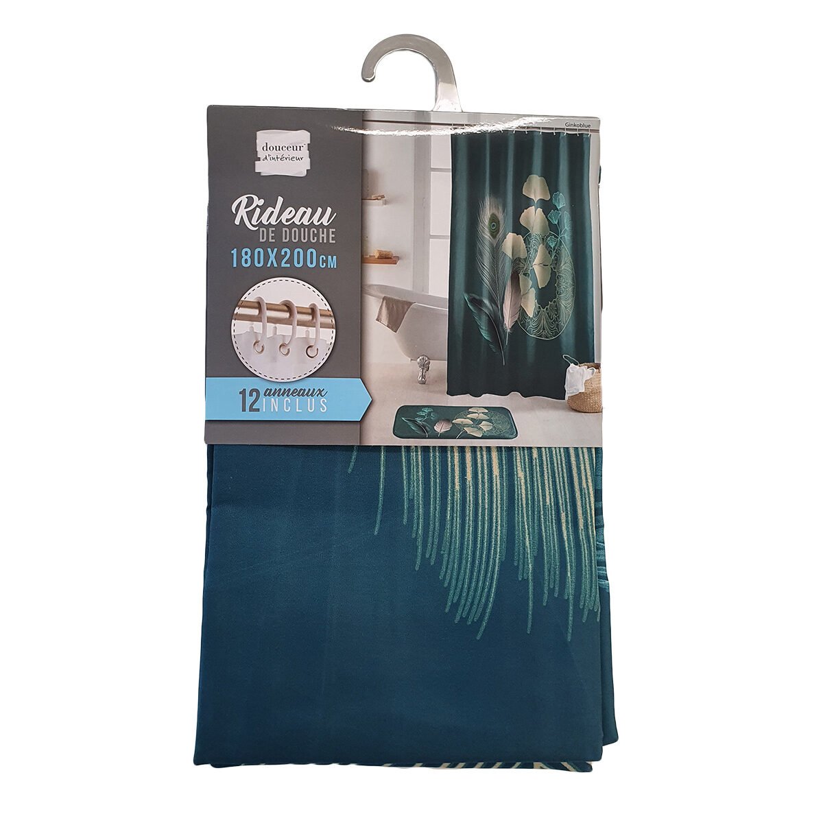 Ginkoblue polyester shower curtain W 180 x H 200 cm + 12 plastic rings Interior softness