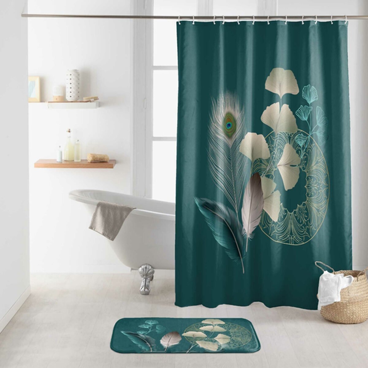 Ginkoblue polyester shower curtain W 180 x H 200 cm + 12 plastic rings Interior softness