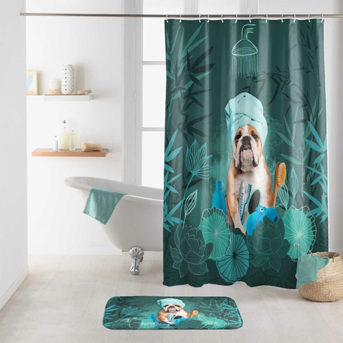 Shower curtain Doggy zen in polyester W 180 x H 200 cm + 12 plastic rings Interior softness