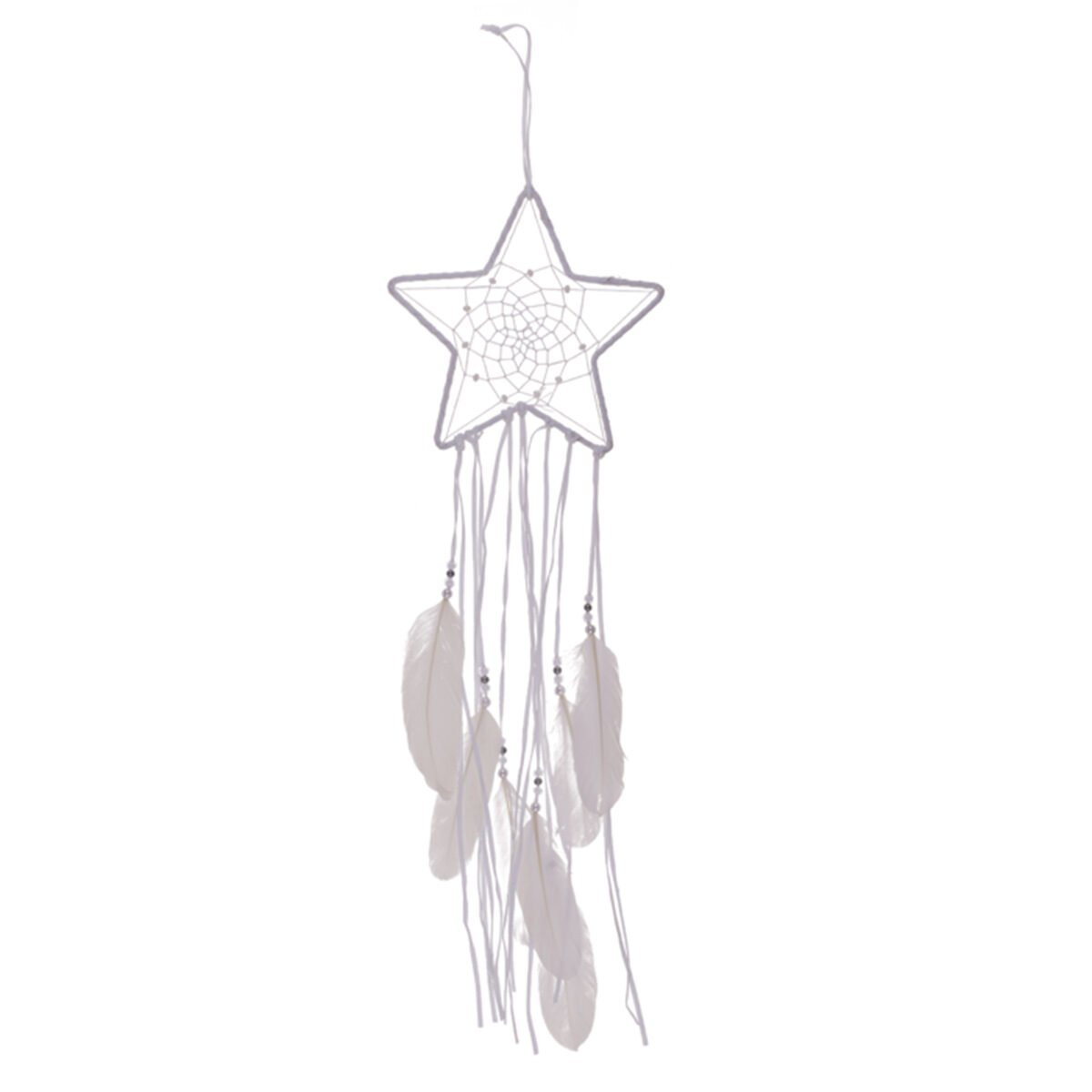 Star dream trap suspension in metal, string, pearl and white feather W 15 x H 60 cm