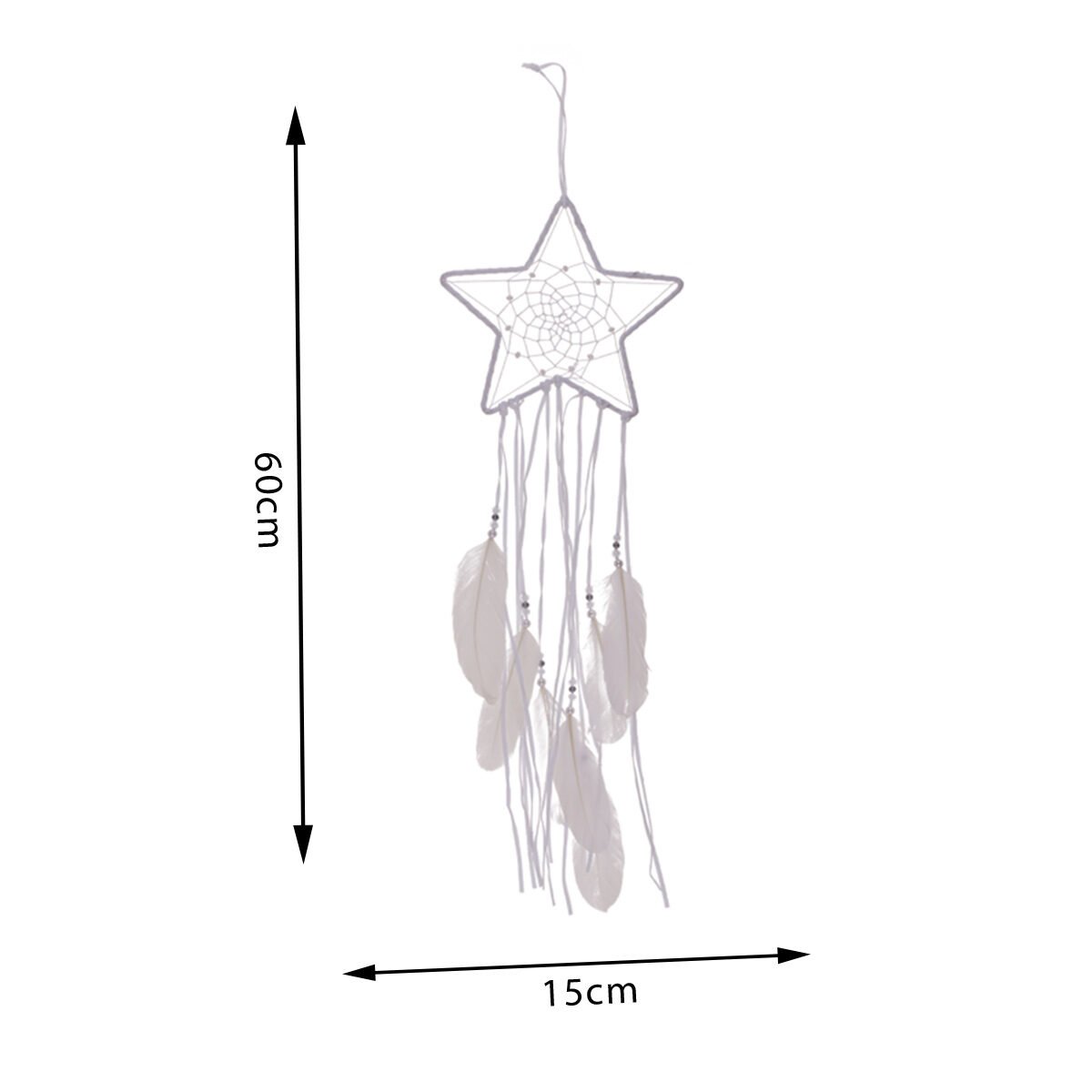 Star dream trap suspension in metal, string, pearl and white feather W 15 x H 60 cm