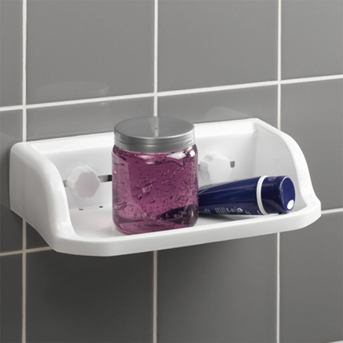 Rectangular shower shelf in white plastic L 30 x W 17 x H 8 cm with very strong suction cups Interior softness