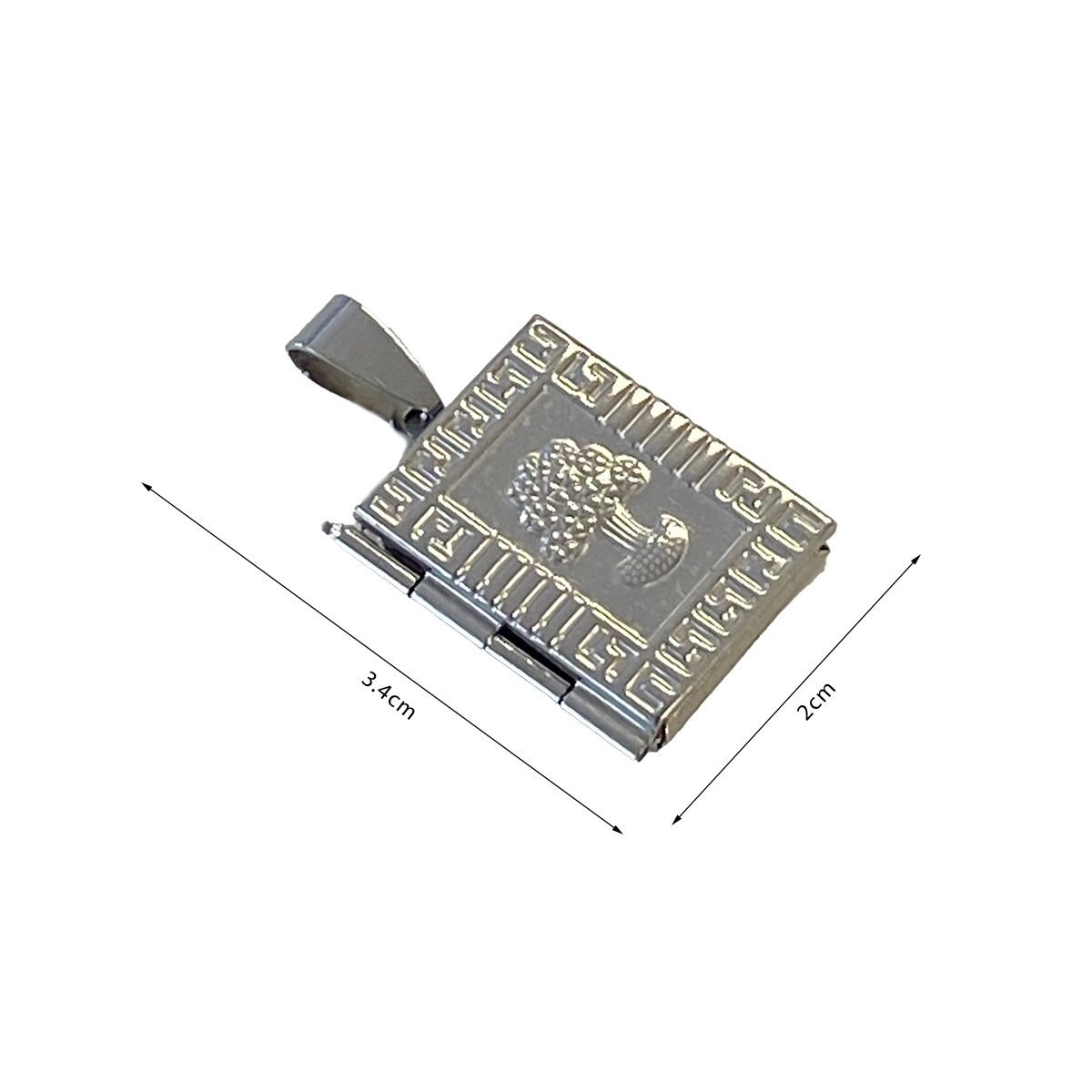 Tree of life rectangular photo holder pendant in stainless steel l 2.0 X H 3.4 cm closed