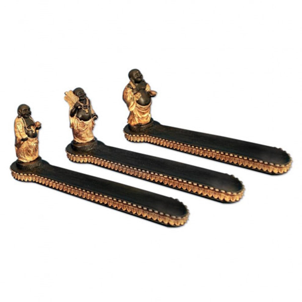 Laughing Buddha ceramic black and gold incense holder for stick L 28.0 x W 6.5 x H 12.0 cm