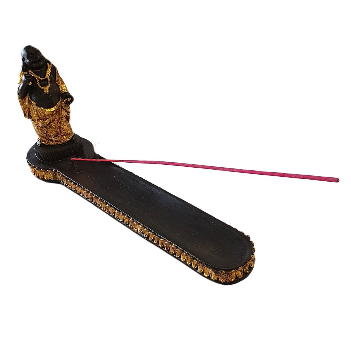 Porte-encens Bouddha rieur céramique noir et doré pour bâtonnet L 28.0 x l 6.5 x H 12.0 cm