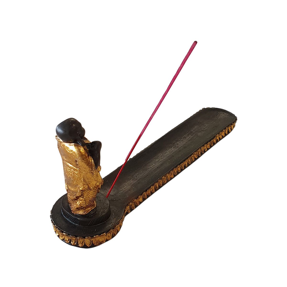 Porte-encens Bouddha rieur céramique noir et doré pour bâtonnet L 28.0 x l 6.5 x H 12.0 cm
