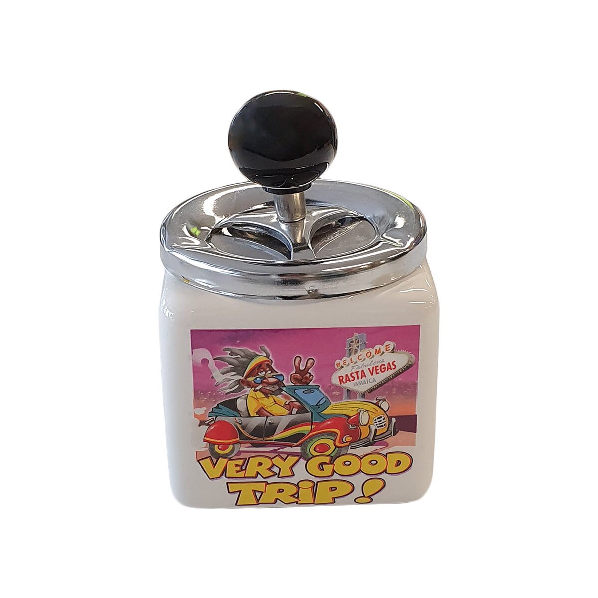 Cendrier cube toupie Rasta humoristique céramique et métal L 9 x l 9 x H 16 cm avec poussoir