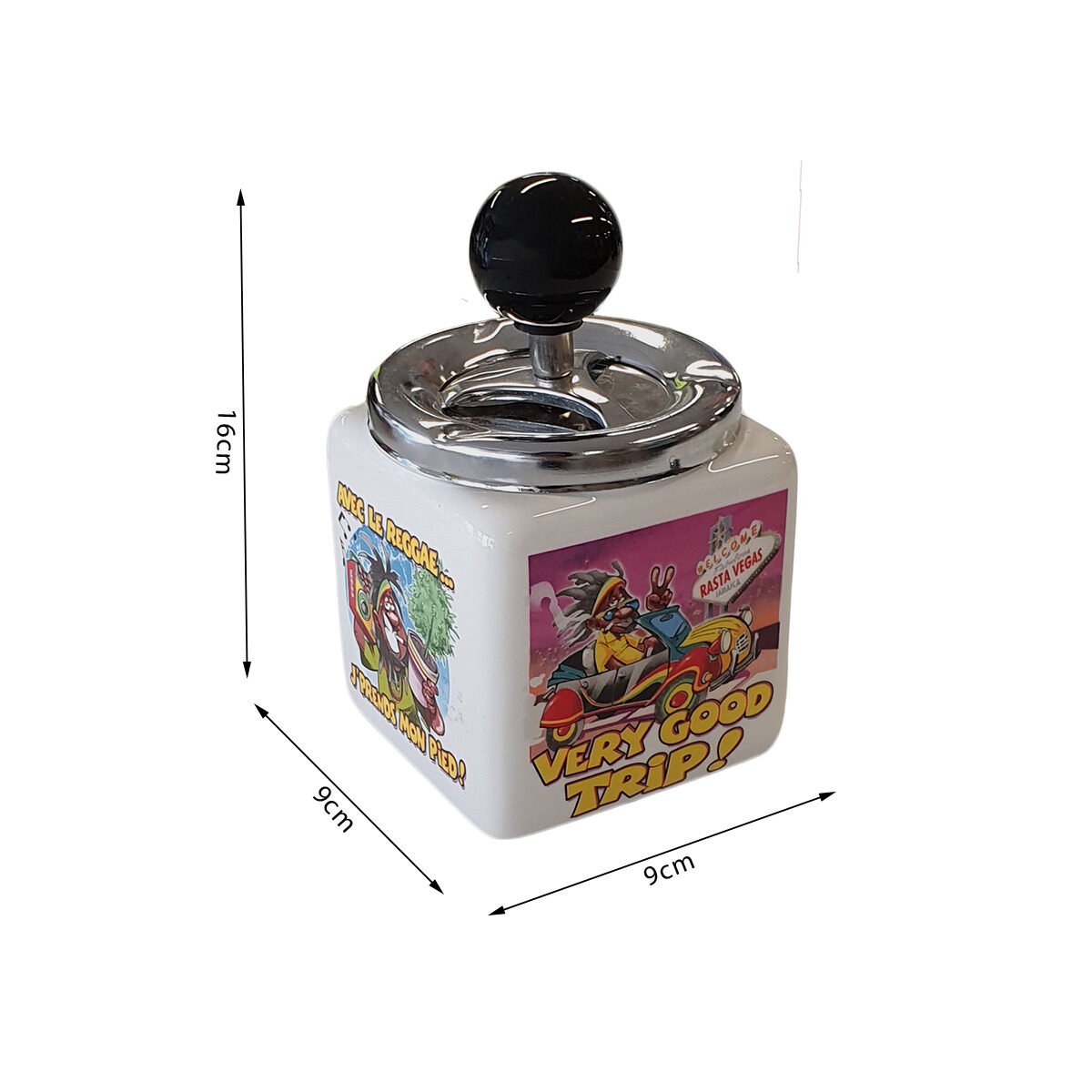 Cendrier cube toupie Rasta humoristique céramique et métal L 9 x l 9 x H 16 cm avec poussoir