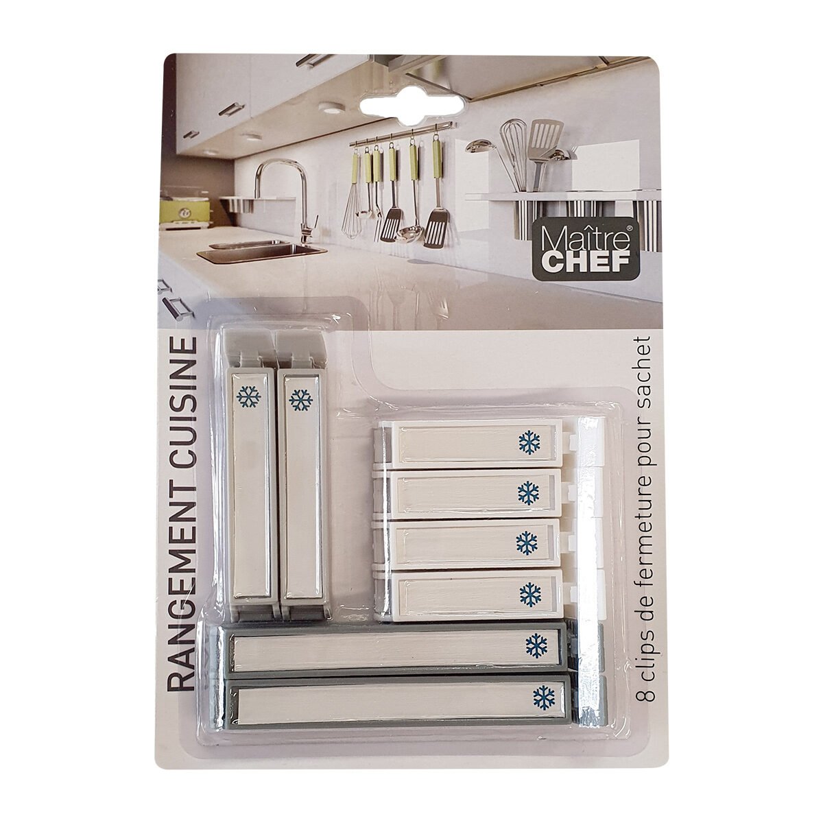 Lot de 8 clips de fermeture de sachet de 3 tailles différentes en polypropylène avec 1 étiquettes dessus Maître chef