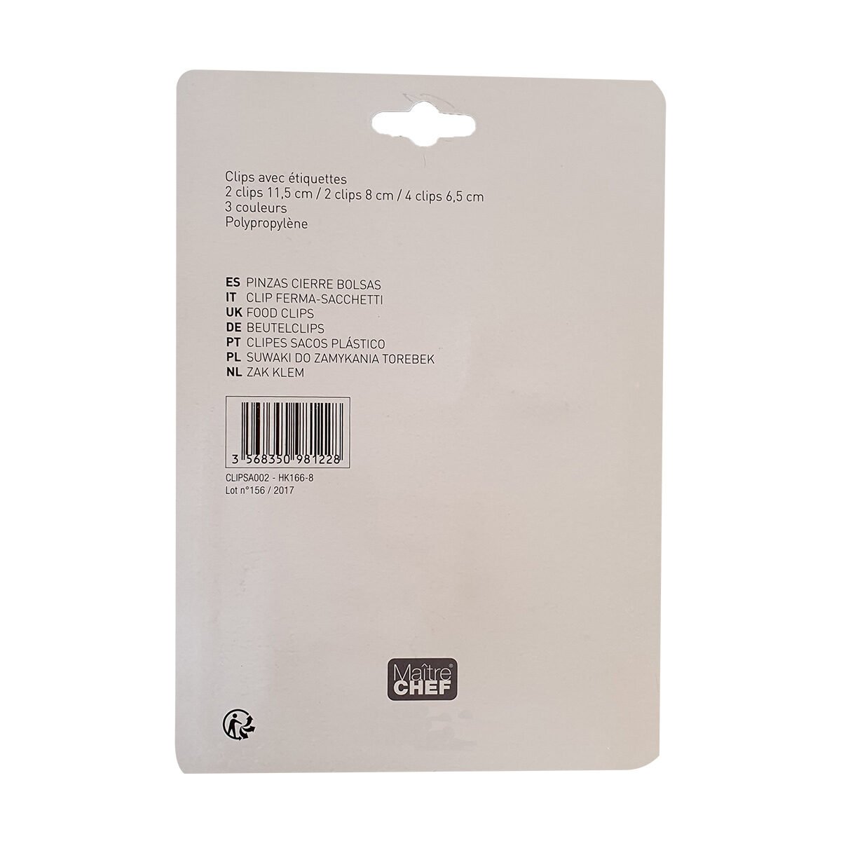 Lot de 8 clips de fermeture de sachet de 3 tailles différentes en polypropylène avec 1 étiquettes dessus Maître chef