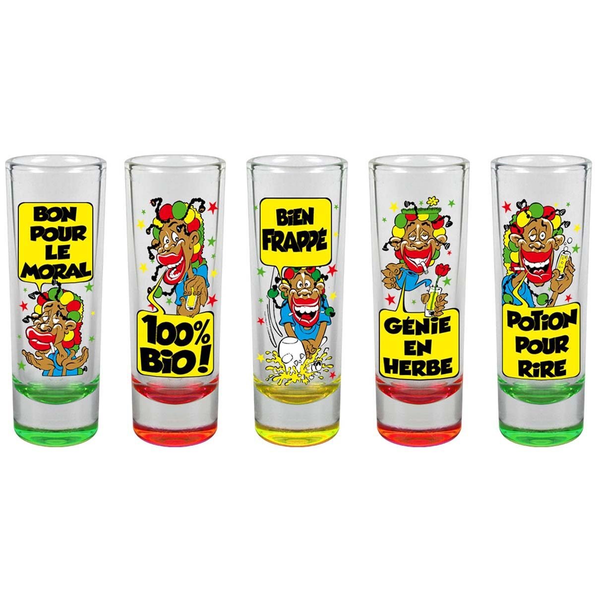 Lot 5 verres shooters Rasta humoristique + jeu à boire