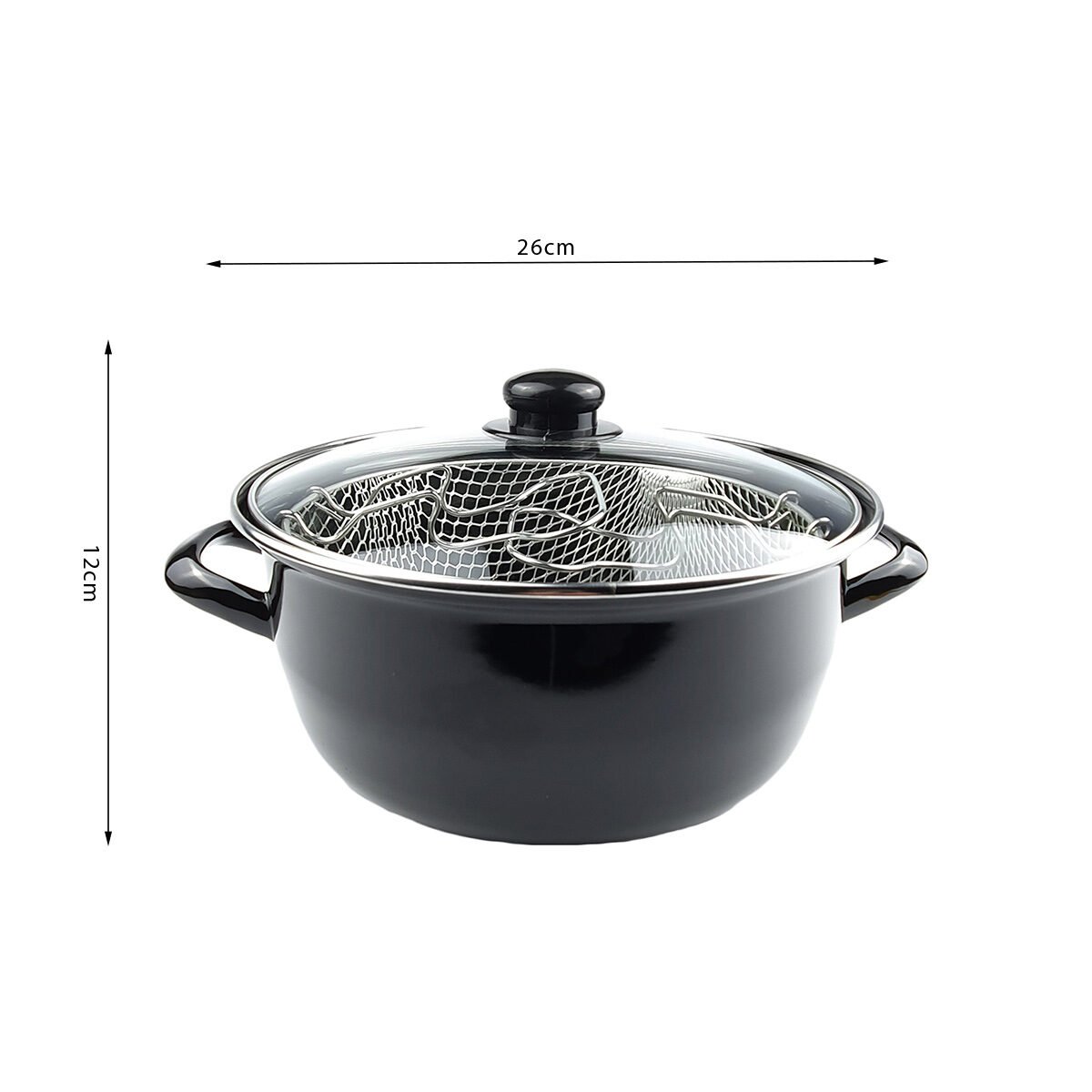 Friteuse en émail noir tous feux dont induction D 26 x H 12 cm avec panier métal et couvercle verre