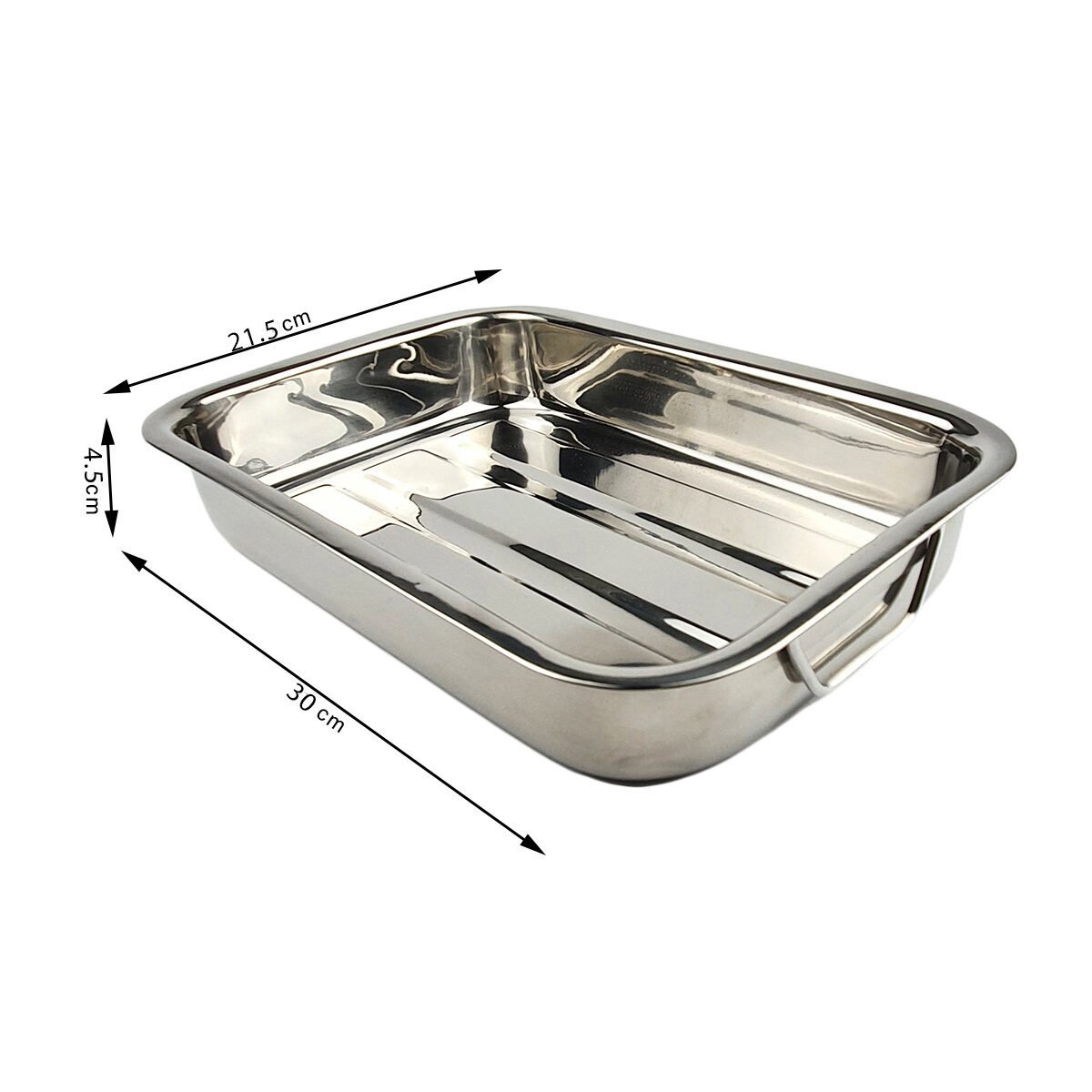 Rectangular stainless steel baking dish L 30.0 x W 21.5.0 x H 4.5 cm with 2 folding handles