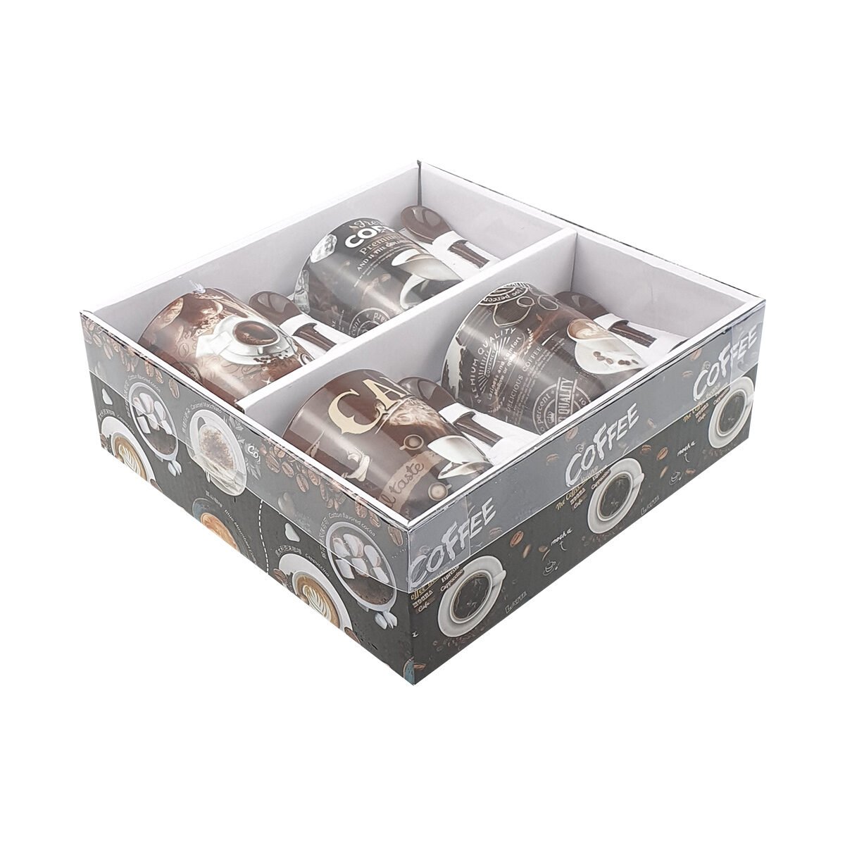 Ensemble 4 mugs Coffee différents céramique 25 cl + 4 petites cuillères Maxime Home