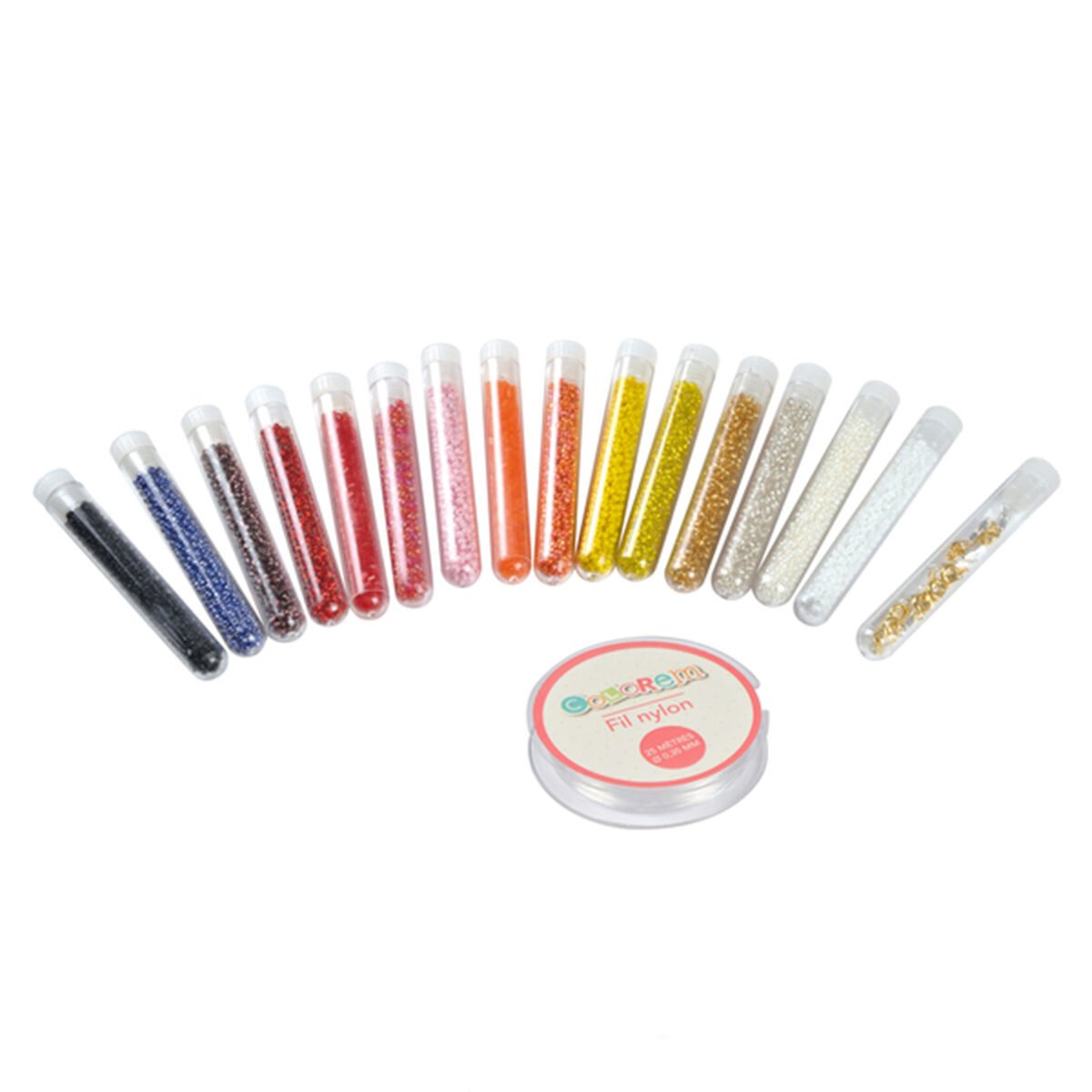 Lot 15 tubes Perles de rocaille différentes + 1 tube 10 fermoirs + 1 bobine de fil nylon Colorem