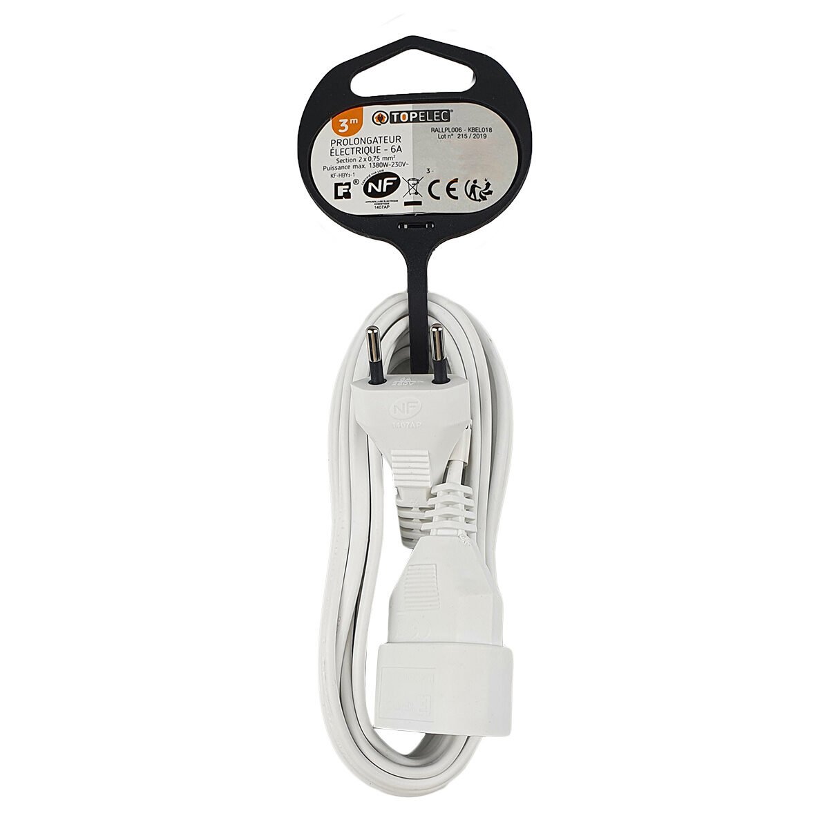 Prolongateur électrique (6 A) sans prise terre avec sécurité enfant NF Topelec