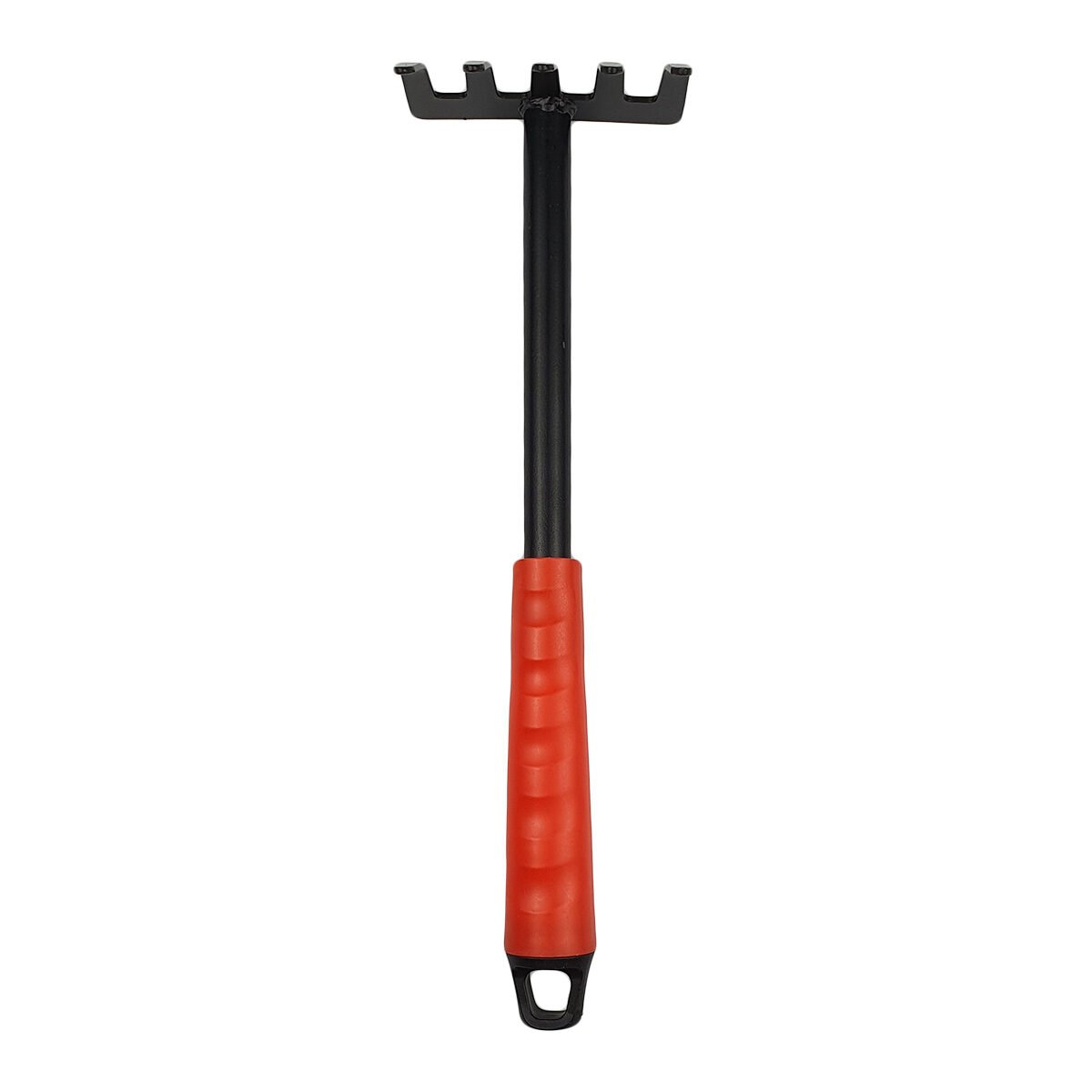 Black painted steel garden hand rake with red plastic handle