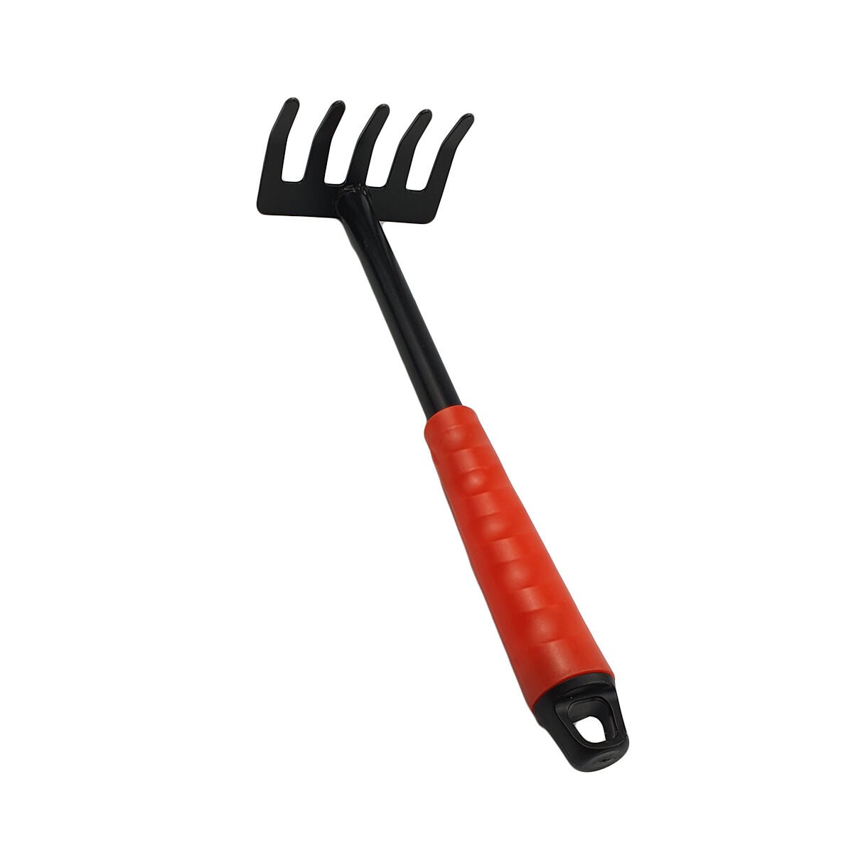 Black painted steel garden hand rake with red plastic handle
