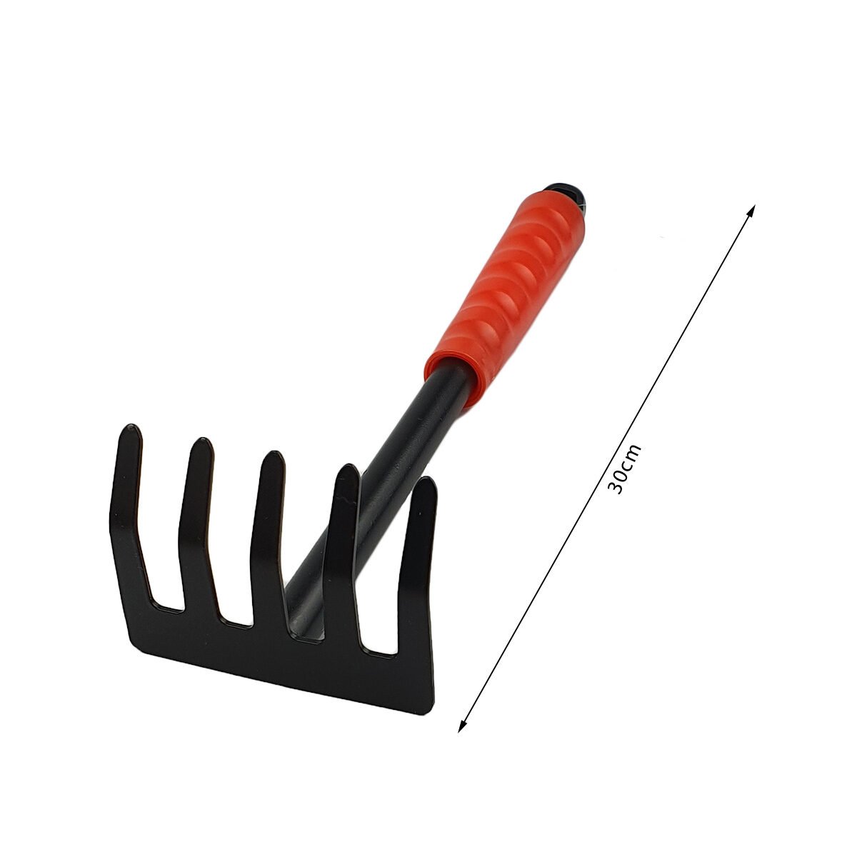 Black painted steel garden hand rake with red plastic handle