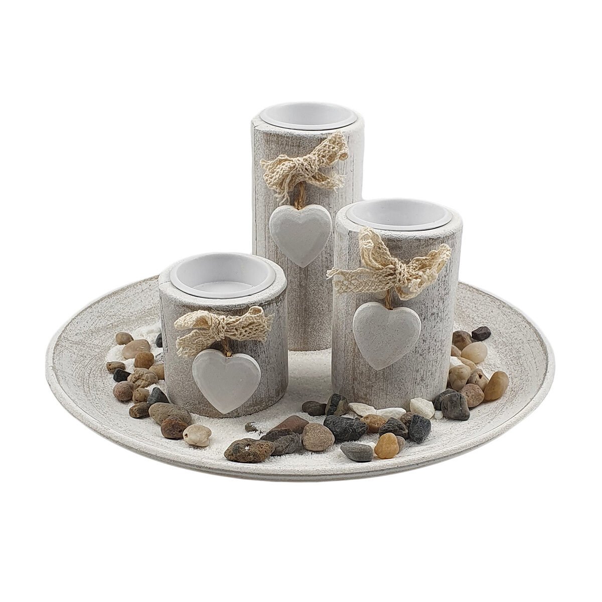 3 Tealight holders with heart on round white ceruse wood tray Harmonia