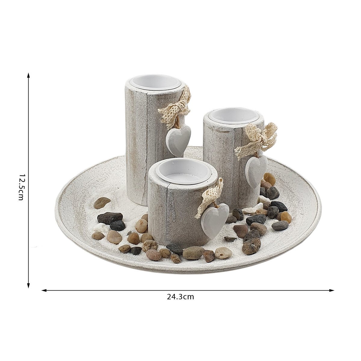 3 Tealight holders with heart on round white ceruse wood tray Harmonia