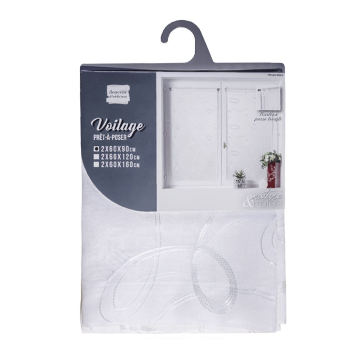 Pair of straight curtains passers-by sandblasted veil embroidered Hoops white polyester Interior softness