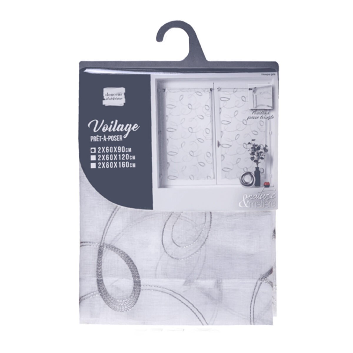 Pair of straight curtains passers-by sanded voile embroidered Hoops white/grey polyester Douceur d’intérieur