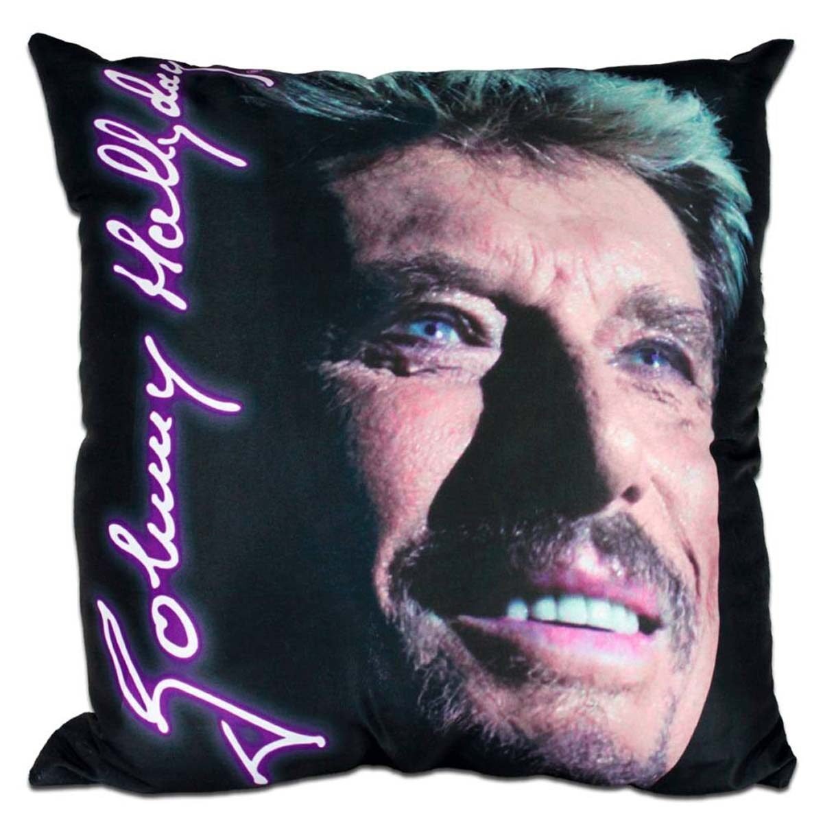 Coussin imprimé Johnny Hallyday Visage polyester avec verso noir toucher doux
