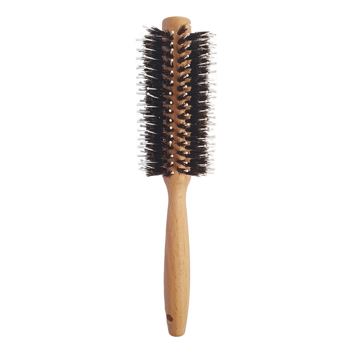 Brosse cheveux ronde mélangée poils de sanglier/plastique blanc picots finition boule avec manche bois clair Miss Europ