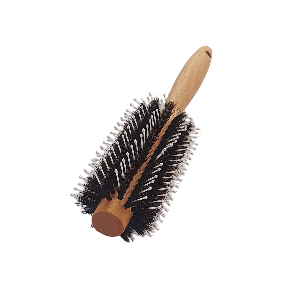 Brosse cheveux ronde mélangée poils de sanglier/plastique blanc picots finition boule avec manche bois clair Miss Europ