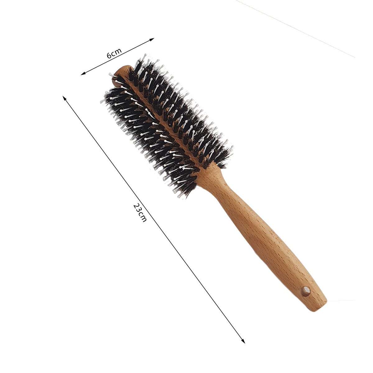 Brosse cheveux ronde mélangée poils de sanglier/plastique blanc picots finition boule avec manche bois clair Miss Europ
